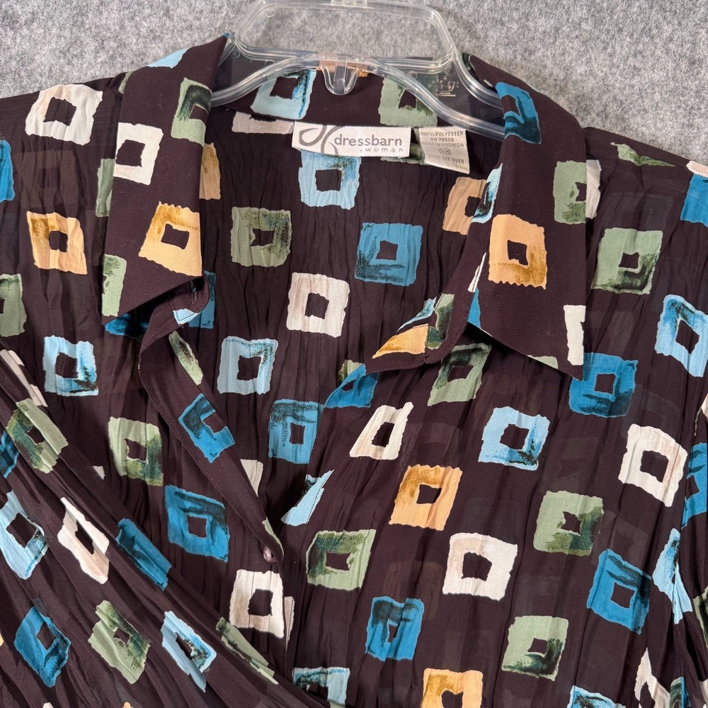 Vtg Geometric Abstract Crinkle Button Down Blouse Plus Size 2X Brown Hippie